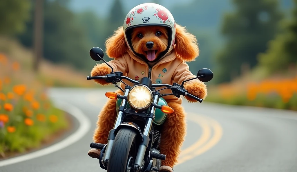 orange poodle riding a Honda Revo motorcycle at high speed around a curve, wearing a cute hoodie and helmet , add text to path