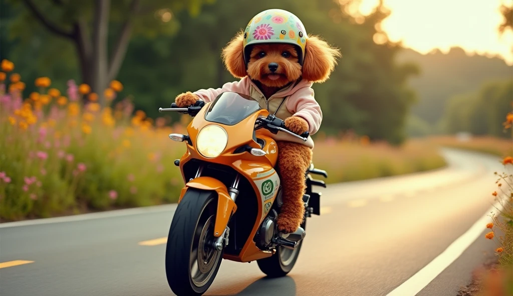 orange poodle riding a Honda Revo motorcycle at high speed around a curve, wearing a cute hoodie and helmet , add text to path