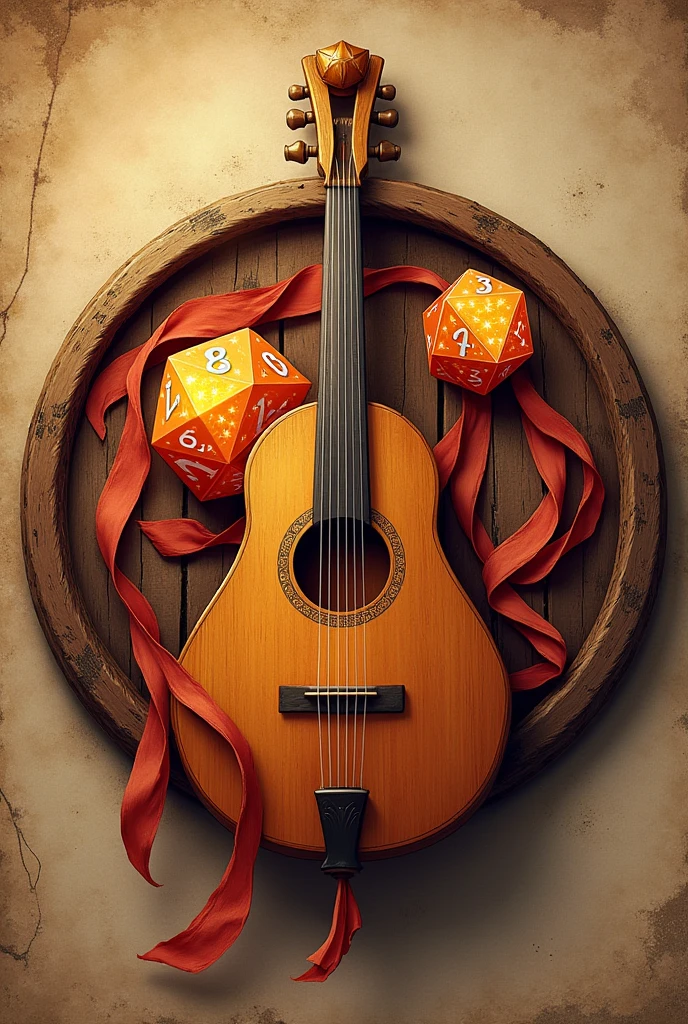 A circular logo made of the illustration of a bardic lute and a rpg dice