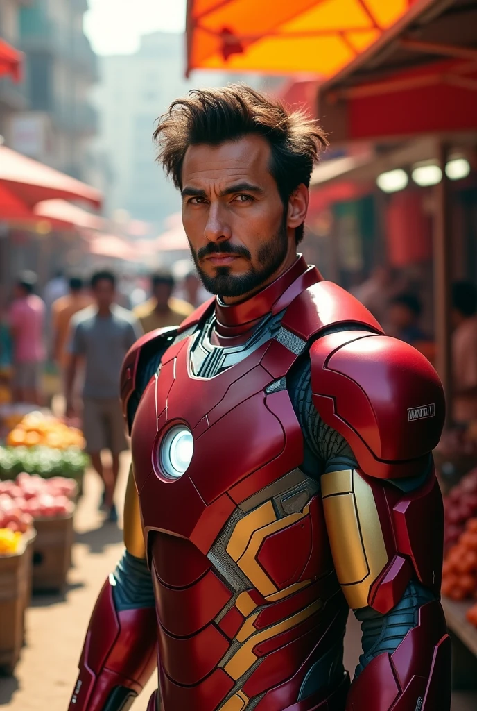 Iron Man without a mask, standing, looking closely at the bottom of the market called "MERCADO SETONO BETHEK"