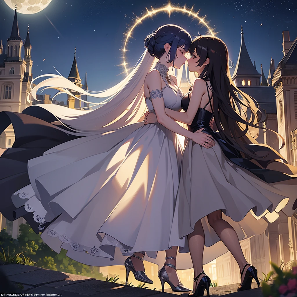 It generates a couple of women on top of a castle in the moonlight while wearing long evening dresses and high-heeled shoes, while they kiss very passionately in the moonlight. 