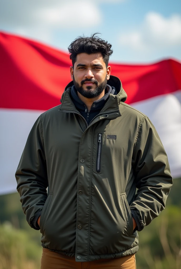 30 years old masculine jewish man, slight facial hair, full weight body, wavy black hair, short neck, straight front pose, half body portrait, outdoor outfit jacket, in front of Indonesia flag