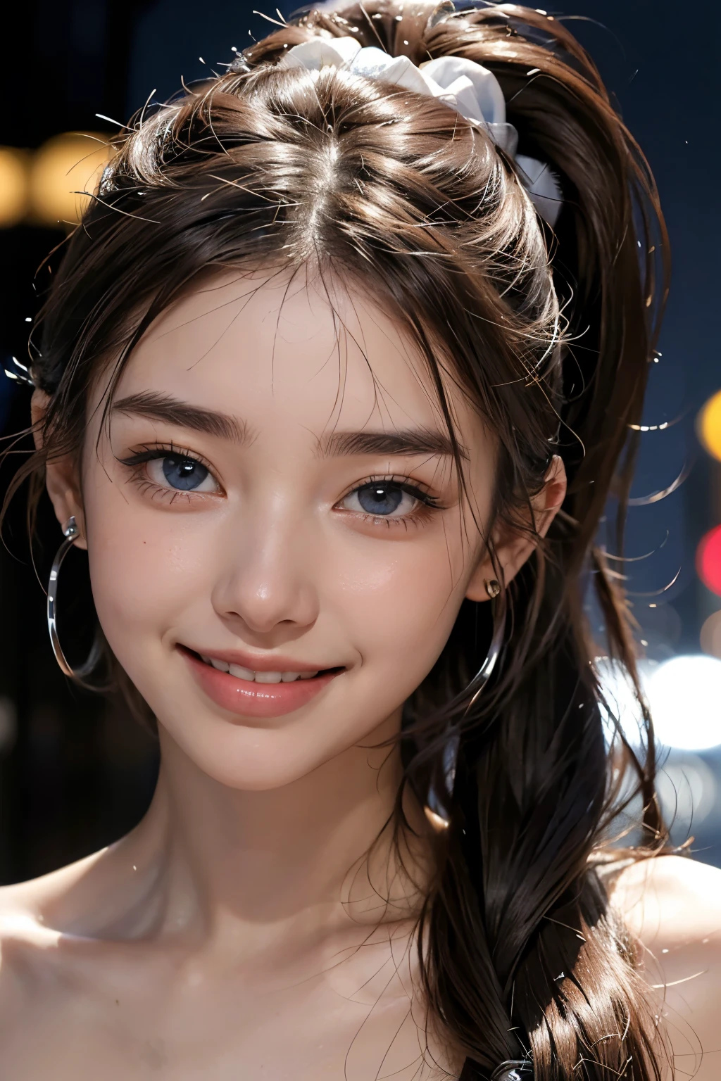 cute 17 year old,1 girl,slim face ,32K,Super realistic image quality,dynamic shadow,sparkling eyes,((Clear black eyes)),((cheerful smile)),((3 ear piercings)),clear pale blue eyes,movie theater lighting,((dark back alley)),((City lights)),night,Darkness of the city,suit, ((face close up:1.3)),((A smile showing white teeth)),((Open mouth and smile happily)),((Chestnut ponytail and scrunchie)),close, 32K, Raw photo, highest quality, masterpiece,realistic, photo-realistic,Completely flat chest,