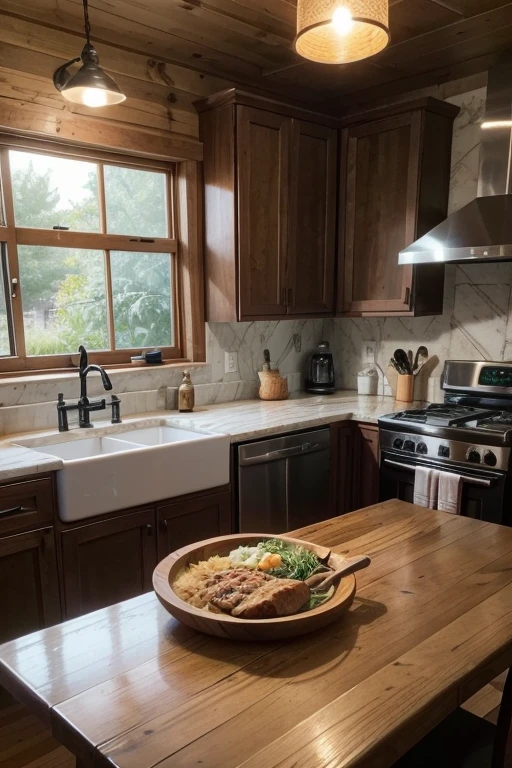 A Facebook cover image for a page named "Sabor na Mão." The background features a cozy and modern kitchen with wooden utensils, copper pots, and fresh ingredients like herbs, vegetables, and spices neatly arranged on a marble countertop. The lighting is warm and inviting, creating a homely atmosphere. In the background, a rustic table is set with wooden plates and cutlery, hinting at a homemade meal. The logo, featuring the name "Sabor na Mão" in an elegant handwritten font with a hand holding a plate or spoon, is positioned either centrally or in the top left corner. The background has a slight transparency effect to ensure the logo stands out, with subtle touches of herbs or spices around it to enhance the culinary theme.