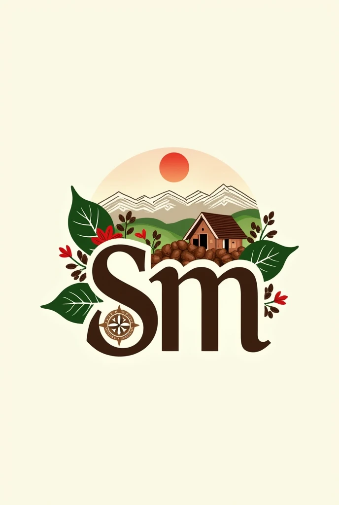 "Create a logo for a coffee tourist farm called 'San Martin' with the following characteristics:
1. Incorporate elements related to coffee, like brown grains, coffee leaves or a cup of coffee.
2. Include visual references to rural tourism, like mountains, a country house or winding paths.
3. Use the name 'San Martin' or the initials 'SM' creatively in the design.
4. Use a modern and minimalist style, prioritizing clean lines and simple shapes.
5. Use a color palette that evokes nature and coffee, like green, with a touch of red.
6. Make sure the design is legible and recognizable in both large and small sizes.
7. Consider incorporating elements that suggest adventure or exploration, like a stylized compass.