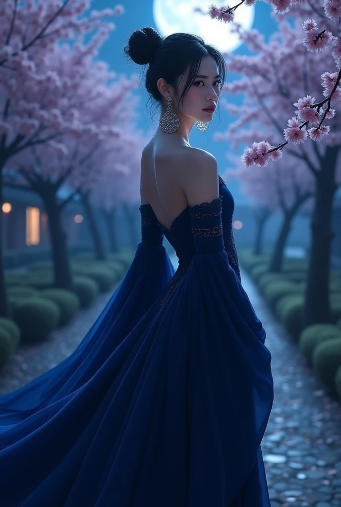 Kitana wears a dark blue dress and has Japanese eyes, she wears big earrings. 