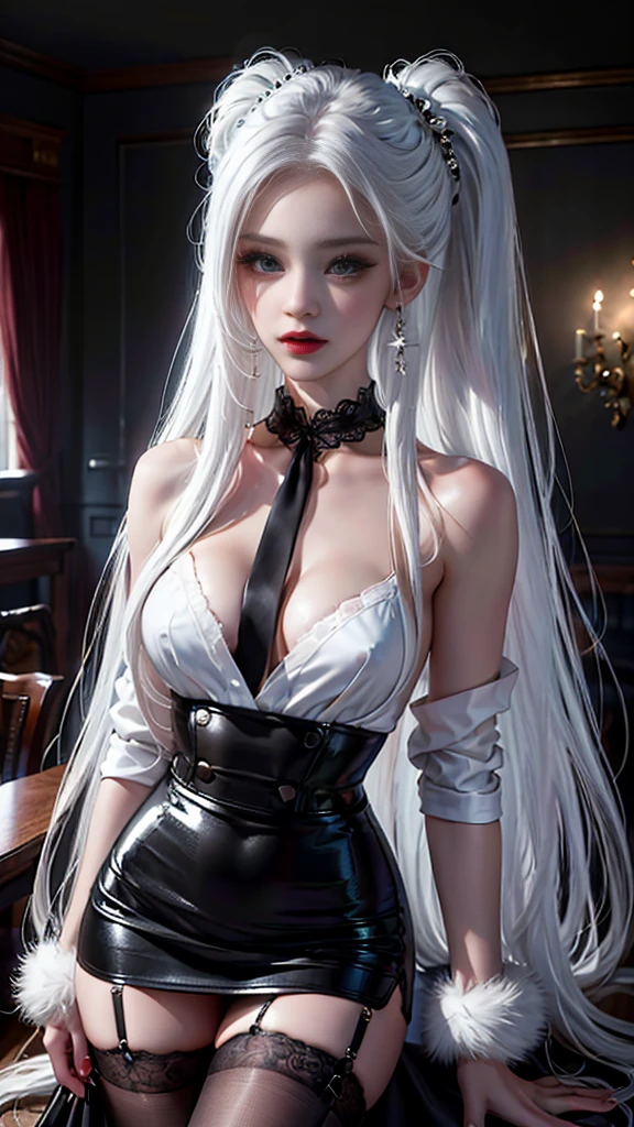 Girl Portrait Photography, Practical, high resolution, 1 female, Solitary, Upper Body, beautiful eyes, close your lips, Delicate face, White hair, Long hair, Collared shirt, Black Tie,Black skirt, Pencil Skirt, Fur coat, stocking,(Black lace exposed)
