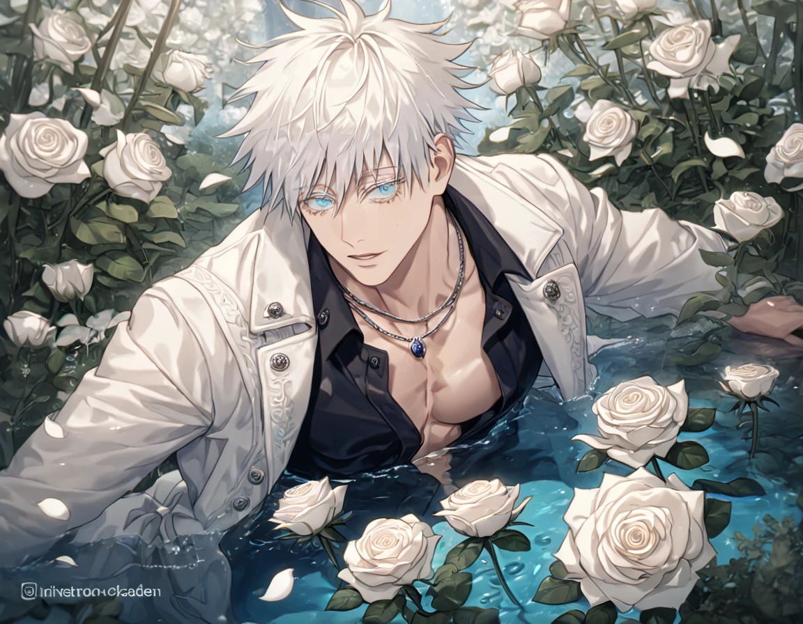 absurdres, highres, ultra detailed, HDR, master piece, best quality, extremely detailed, Gojou Satoru, white hair, expressive blue eyes, white eyelashes, Jujutsu Kaisen, solo, sexy man, handsome, sensual, manly man, horny, white coat, black shirt, unbuttoned, necklace, patterns, water, white roses, white petals, fantasy, magical, garden, white leaves