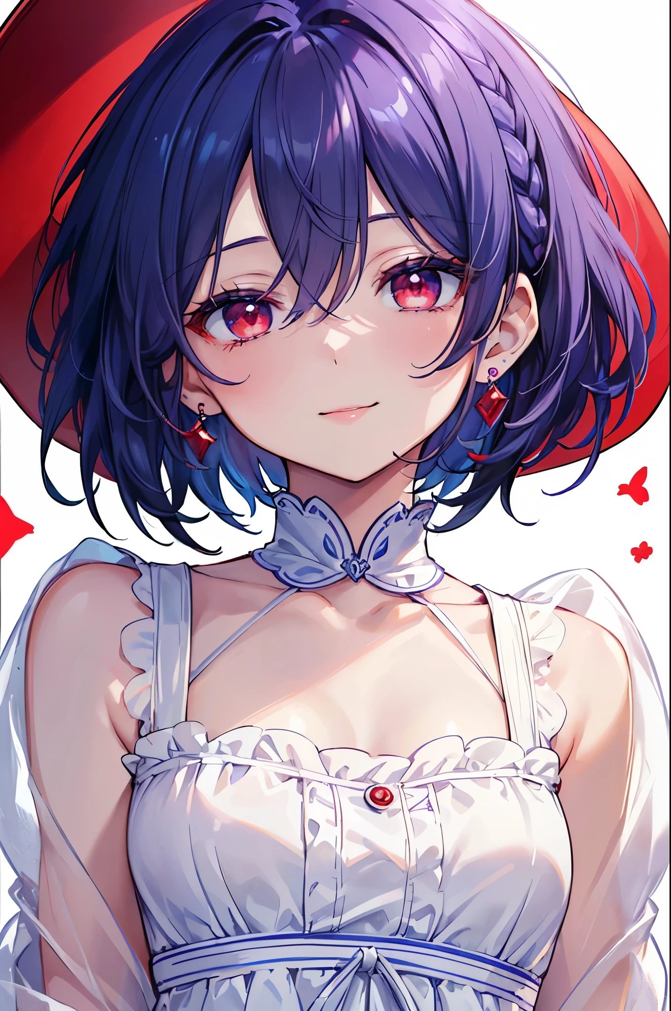 {{masterpiece}}, The best quality of life, 超High resolution, Attention to detail, high quality, High resolution, 最high quality, 4K, 8k,Attention to detail,((short indigo hair、Deep blue short hair)Braided Hair) 、 Cute female, 、One woman、(((Crimson Eyes、Red eyes、Red eyes、Beautiful attention to detail,Beautiful lip detail,A woman with beautiful eyes)))、Expressionless adult woman、((White background))、small but well-shaped breasts,、(((White Dress、tanding smiling、Cute Smile、Small earrings