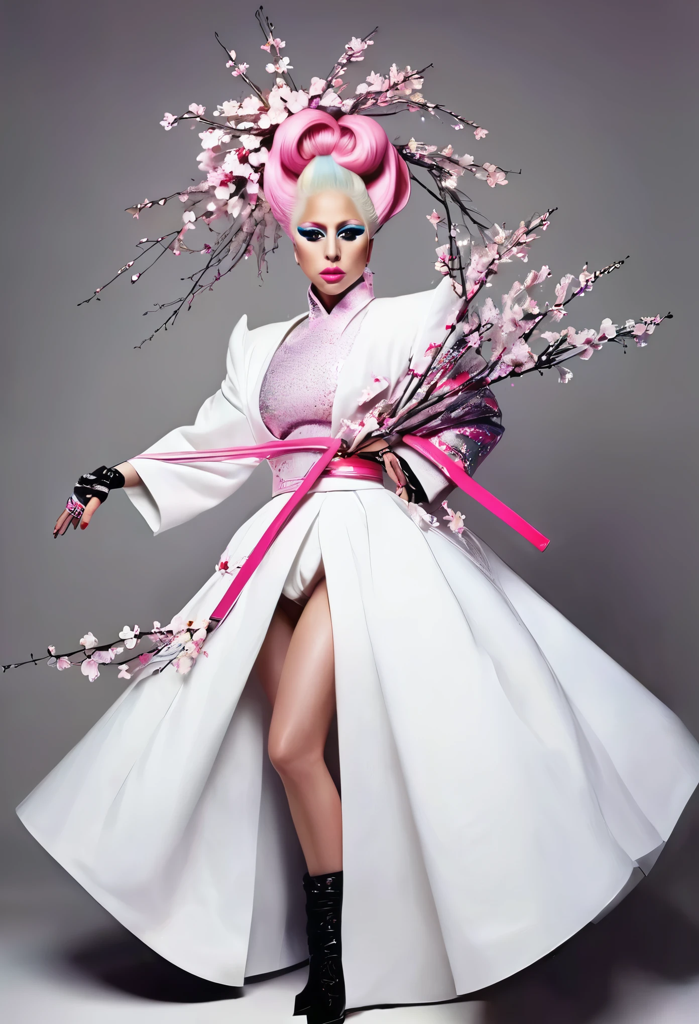 Beautiful sexy Lady Gaga beautiful avant garde style full length beautiful clothes accessories punk wig exotic posing professional fashion editorial magazine cover flash photography white background white pink garments glitter shiny pop neon 1980's style spikes and high heels punk japonisme contemporary geisha cherry blossom branch ikebana
