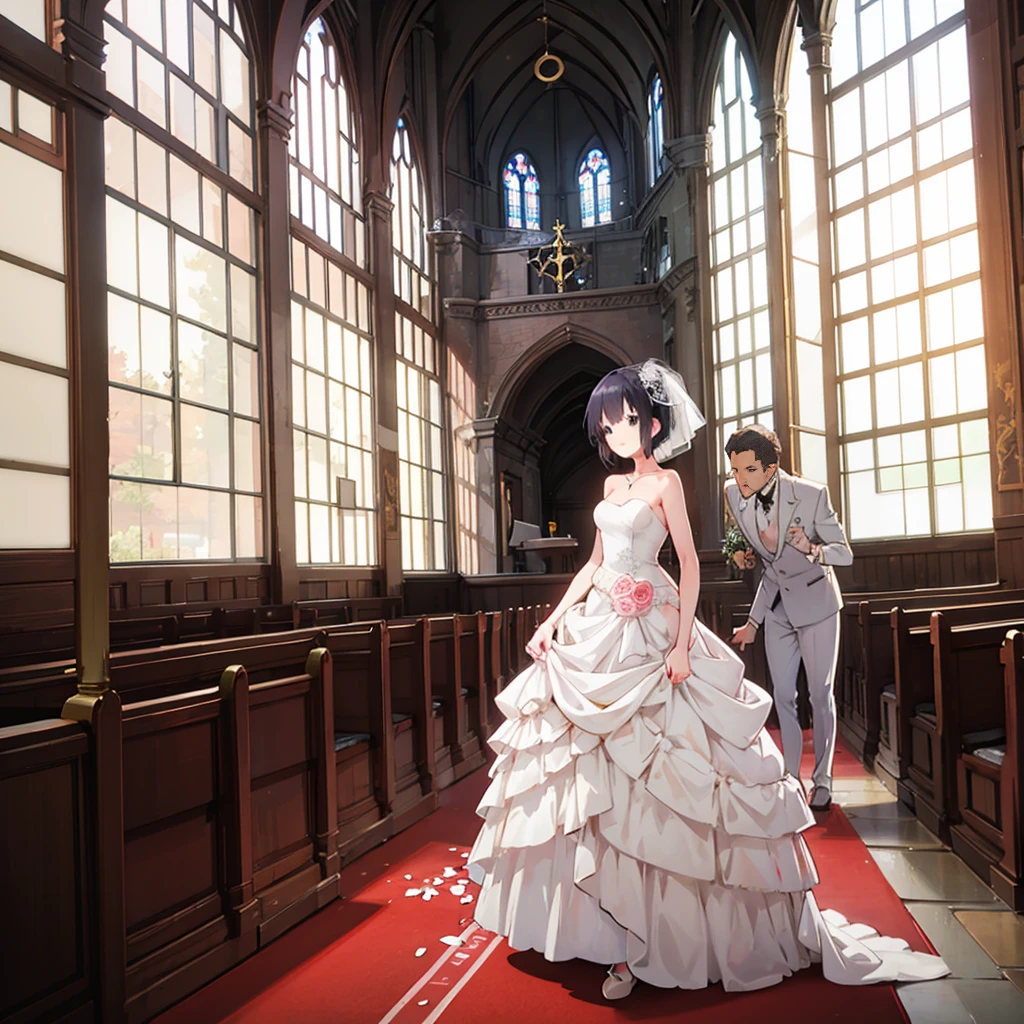 in the church,Wear a wedding dress,long legs,Small Breasts,