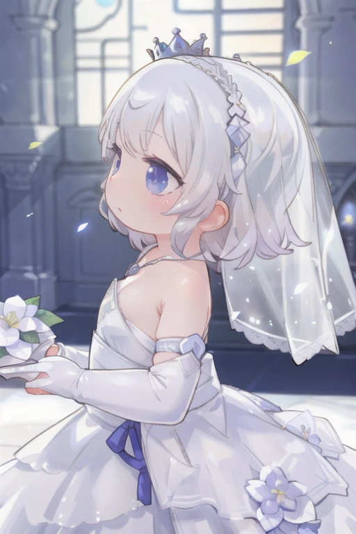 (masterpiece, Highest quality:1.3) Luna FF, One , alone, short hair, gloves, dress, Holding, Expose your shoulders, jewelry, Braiding, flower, necklace, white dress, From the side, Veil, Bridal Gauntlet, flower束, wedding dress, Realistic, crown Braiding, bridal Veil, flower嫁，