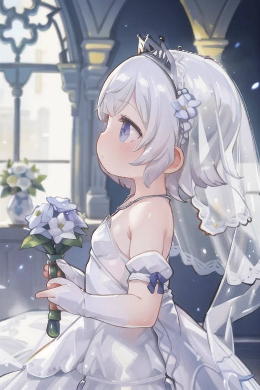 (masterpiece, Highest quality:1.3) Luna FF, One , alone, short hair, gloves, dress, Holding, Expose your shoulders, jewelry, Braiding, flower, necklace, white dress, From the side, Veil, Bridal Gauntlet, flower束, wedding dress, Realistic, crown Braiding, bridal Veil, flower嫁，