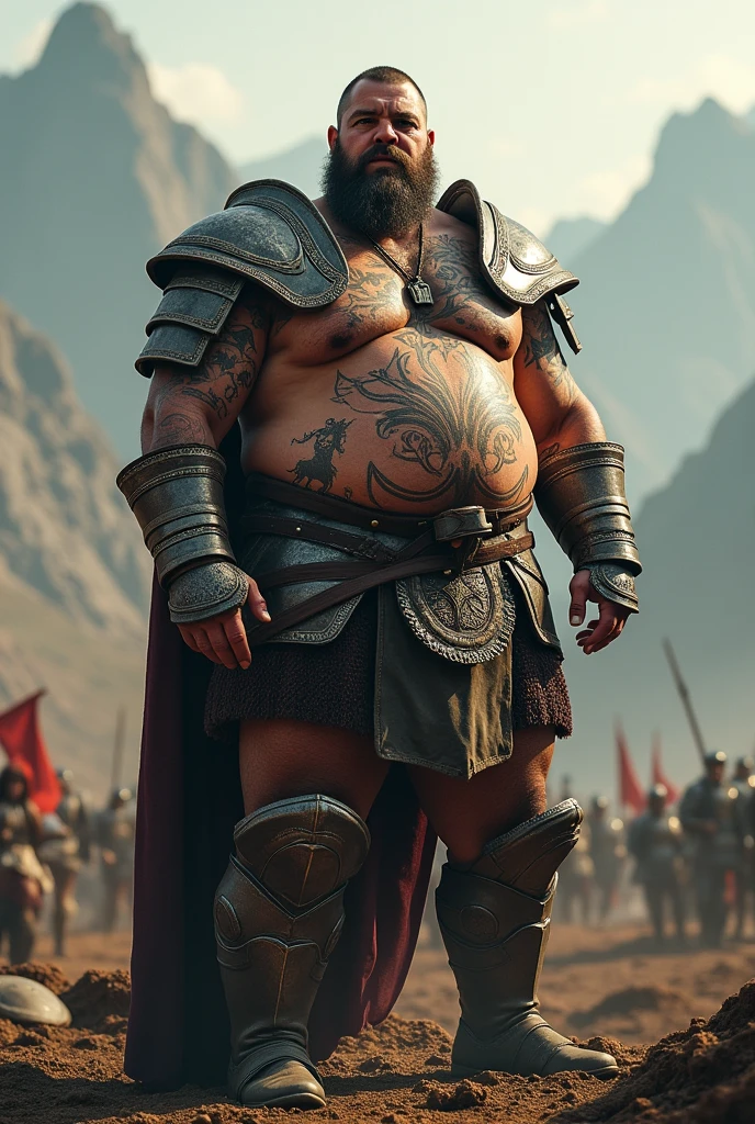 Tall, slightly overweight, strong warrior with scars, tattoos, small beard and full armor