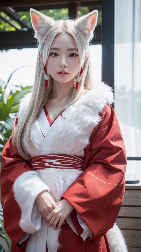 White Demon Fox、Nine-tailed Fox、Japanese women、kimono、Fair skin、Red lines on face、8K、I have long hair