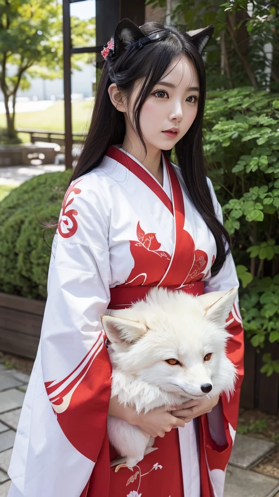 White Demon Fox、Nine-tailed Fox、Japanese women、kimono、Fair skin、Red lines on face、8K、I have long hair