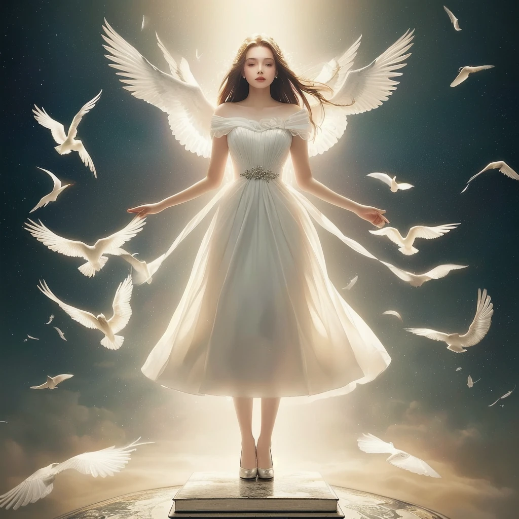 A woman in a white dress stands on books,An image of a bird flying around her, endless, the concept of endless, light of endless, with endless, The album cover, deviantart art station cgscosiety, eternity, endless symbol, inside the picture is endless, endless, cgsociety - w 1 0 2 4 - n 8 - i