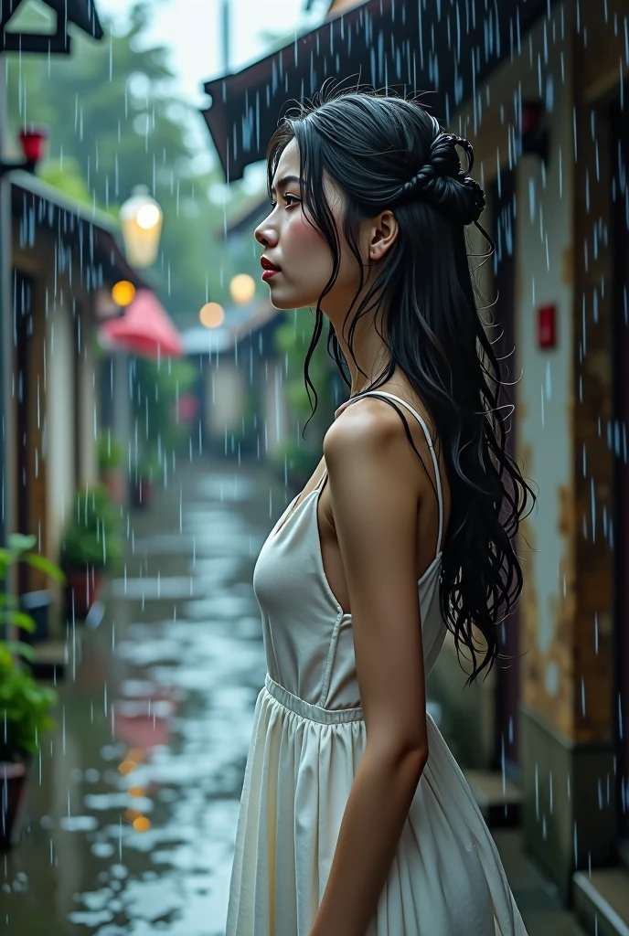 ((8k wallpaper)) (( top quality. Realism. masterpiece. High resolution))A torrential downpour from the summer afternoon sky..A beautiful Asian girl in a white dress stood beside the old street.She took shelter under a roof without an awning.The rain was too heavy.She could only raise her bag to shield her head.But her long black hair was still soaked.Water droplets trickled down her hair.And the girl's upper body was almost completely soaked in the rain.The wet clothes clung to her graceful body.Her curvy figure was subtly revealed.