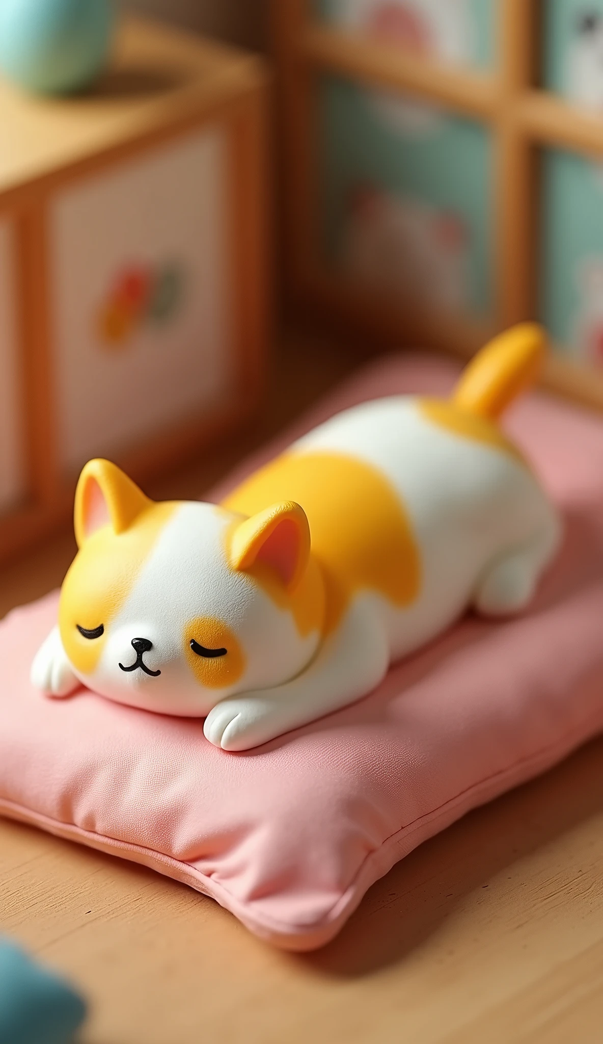 (masterpiece:1.2, Highest quality,Ultra-high resolution,Super detailed),8k,(wallpaper),(Ray Tracing),A small calico cat plastic model in the style of Rilakkuma, looking tired and sleeping in a futon.,On display at a model shop,Very simple design,Matte Paint,(Isometric 3D Diorama:2.0)