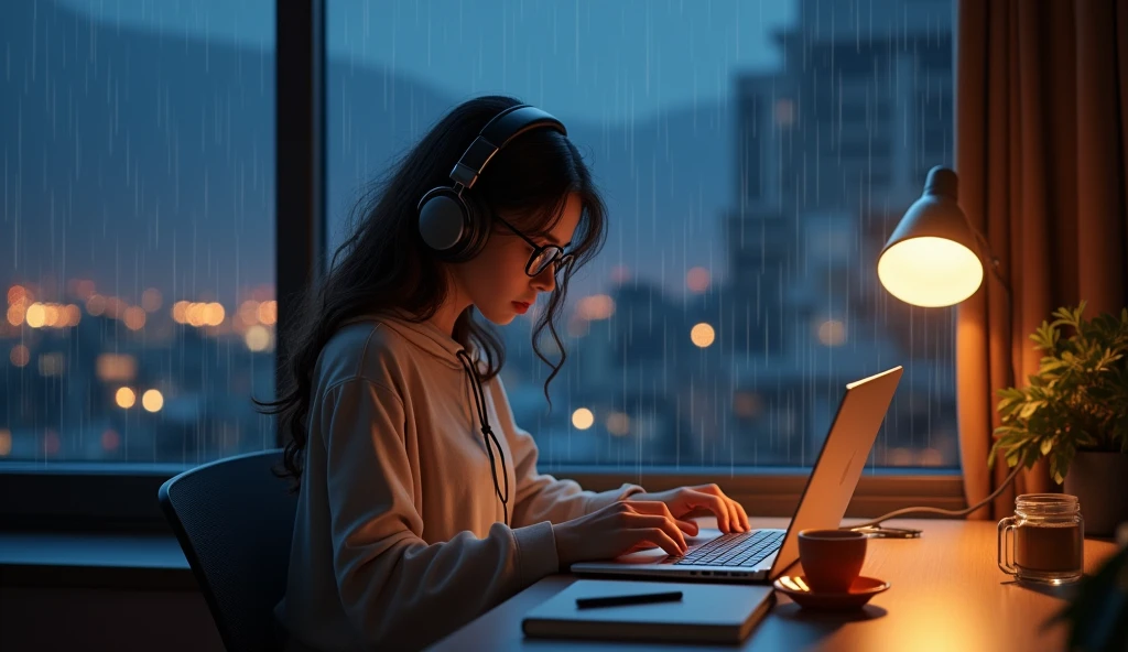 Create a cozy nighttime scene inside a lo-fi apartment bedroom. A young e-girl sits at a desk, focused on her studies with an open notebook and a laptop. She's dressed in comfortable, stylish clothes and wears headphones. next to her, there is a hot cup of coffee, with visible steam rising gently, highlighting the warmth and comfort of the environment. The room is modern, with a minimalist design, illuminated by a warm light table lamp. There is a large floor-to-ceiling window beside her, showing the city at night with raindrops running down the glass. The general atmosphere is quiet, Melancholic, and evocative of the lo-fi style, With the sound of rain falling outside, the steam from the coffee and the modern aesthetic creating a sense of calm and focus as she delves into her work