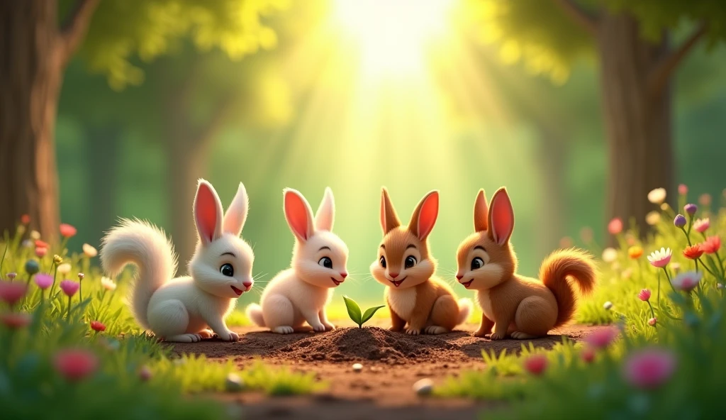 In 3d animation style " A group of small animals, like rabbits and squirrels, planting seeds together in a clearing.