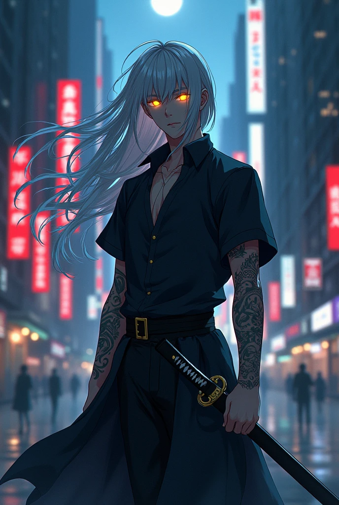 Dark-haired man with white hair and yellow eyes, anime style