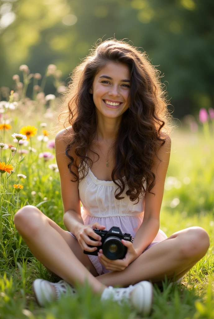 A brunette girl with curly hair and big breasts sits with her legs stretched out, taking a realistic photo