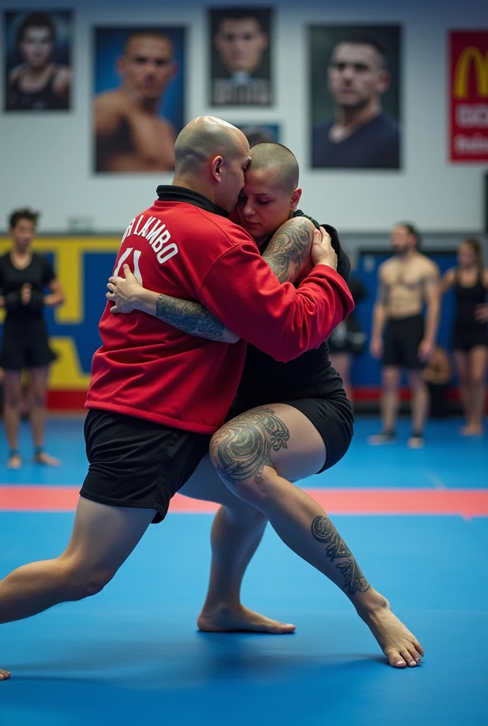 A female skinhead practicing sport sambo 