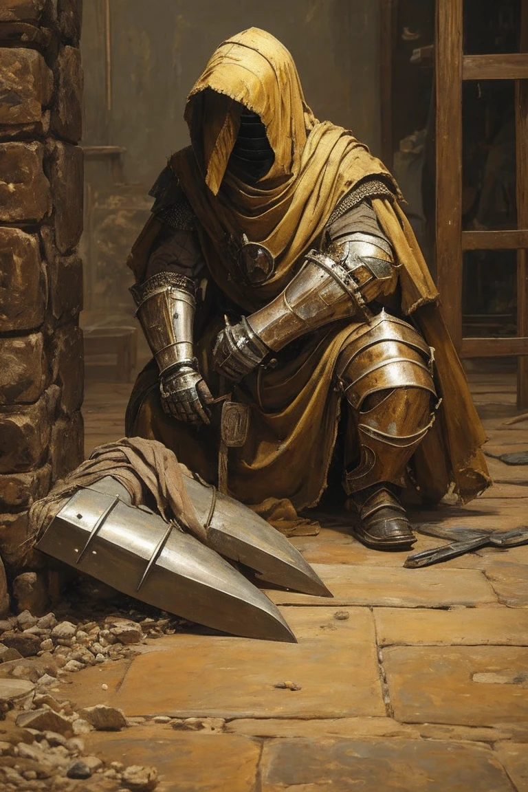 a painting of a cowering man, broad, arms and legs wrapped in yellowing bandages, skin hidden behind dirty medieval knight armor, bandages covered in dried blood and puss, disgusting, sitting on the floor, arms resting on knees, head between legs, in pain, old bandages, mended armor over torso, mended knight, dirty armor, scratches all over his armor, mended metal chest armor, old painting style,