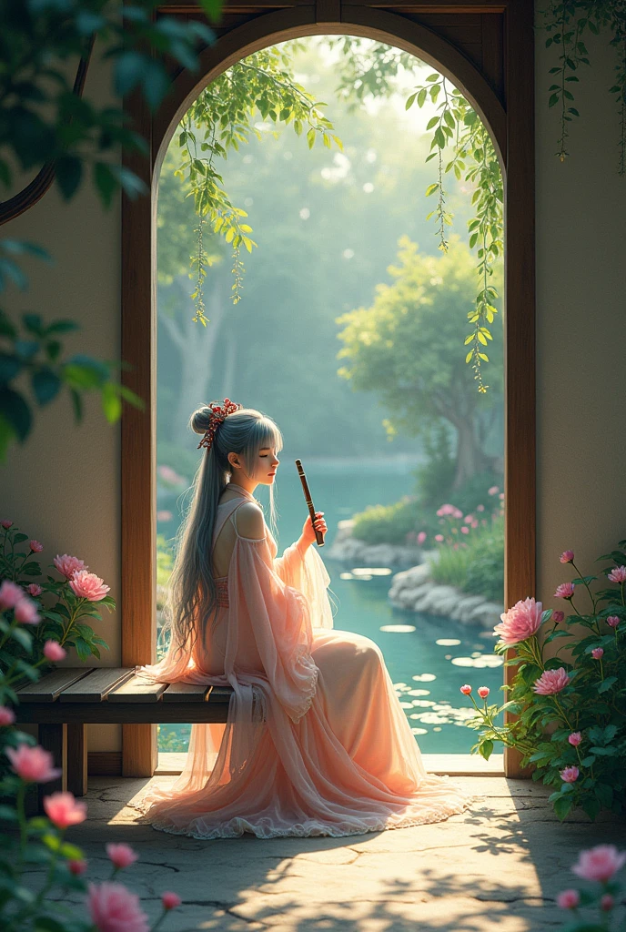 2D, ancient style, Spring Garden, outdoor, gray hair, Hanfu, nature, There is a pond in the center of the courtyard, Begonias floating in a pond, A girl sitting on a bench in the hallway, Wearing a Transparent Feather Robe, Holding a bamboo flute, Random Body Pose, intricate details, best quality, ray tracing, expression, 8k, masterpiece