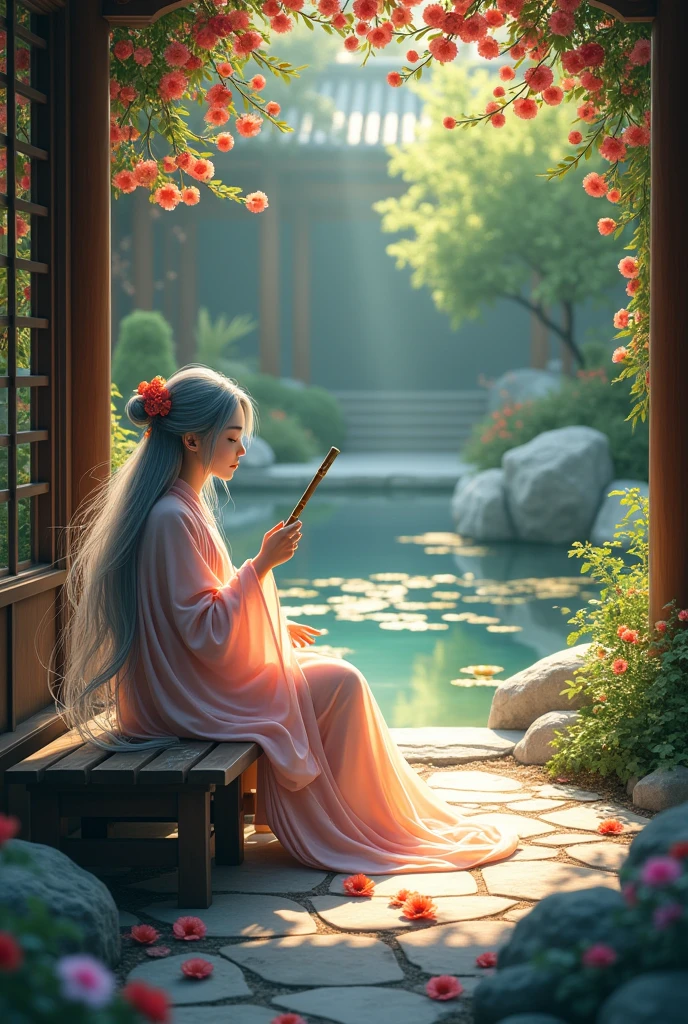 2D, ancient style, Spring Garden, outdoor, gray hair, Hanfu, nature, There is a pond in the center of the courtyard, Begonias floating in a pond, A girl sitting on a bench in the hallway, Wearing a Transparent Feather Robe, Holding a bamboo flute, Random Body Pose, intricate details, best quality, ray tracing, expression, 8k, masterpiece