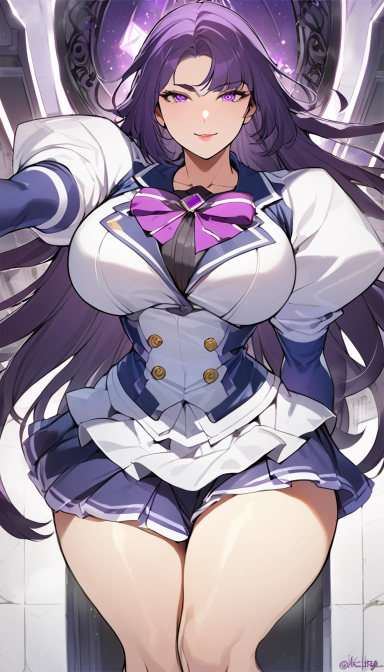 Masterpiece, kimtag, 1 girl, large purple hair, Long spiked hair, Violet colored eyes, big buson, perfect anatomy, firm curvy body, Genetics's uniform, Juliet sleeves, Ribbon in collarbone, skirt, 