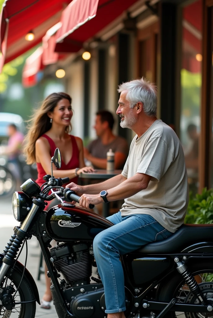 Create an image,a man talking to a woman laughing.
and next to him another white-skinned man, sitting on a black motorcycle, jaded, discouraged with an easy-to-discouraged expression
