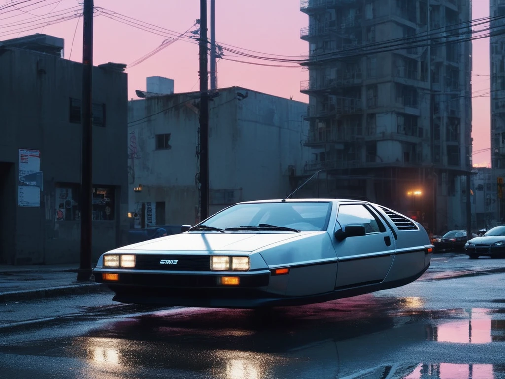 floating car, DELOREAN, 1985, polished gray, reflective painting, TINTED WINDOWS, City streets, horizontally folded wheels, cyberpunkstyle, linhas limpas, Sharp edges, flow line, detailed painting, Detailed scenery, open doors, (Futuristic concept car:1.2), detailded, high-tech style streets, power poles and cables, deserted streets high tech, hyperrealisti, hyper-futuristic, 16K, cinematic lighting with pink and blue neon, wide plan, F/3.6, futuristic city background with tall buildings, grimdark, natta, night-time, Moon in the sky, confusion, perFect composition, beautiFul detailded intricate insanely detailded octane render trending on artstation, 8K artistic photography, photorrealistic concept art, soFt natural volumetric cinematic perFect light, Bright dark, rewarded photography, work of art, oil on canvas, rafael, caravaggio, Greg Rutkowski, beetle, Beksinski, giger, as realistic as possible