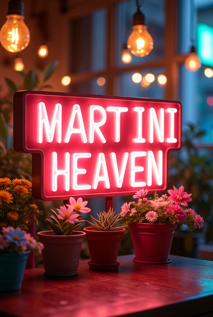 Create a logo for a bar with a LED sign that says MARTINI HEAVEN, with flower pots and vintage lights, everything in pastel shades of yellow, pink and blue