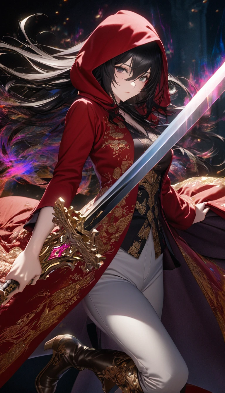 Best Quality, super fine, 16k, incredibly absurd, extremely detailed, delicate and dynamic, Beautiful and pretty swordswoman, great holy sword, Long coat with red hood and gold embroidery, hood up, white pants, long boots, Messy black hair and hair between the eyes., Effect of bright aura image