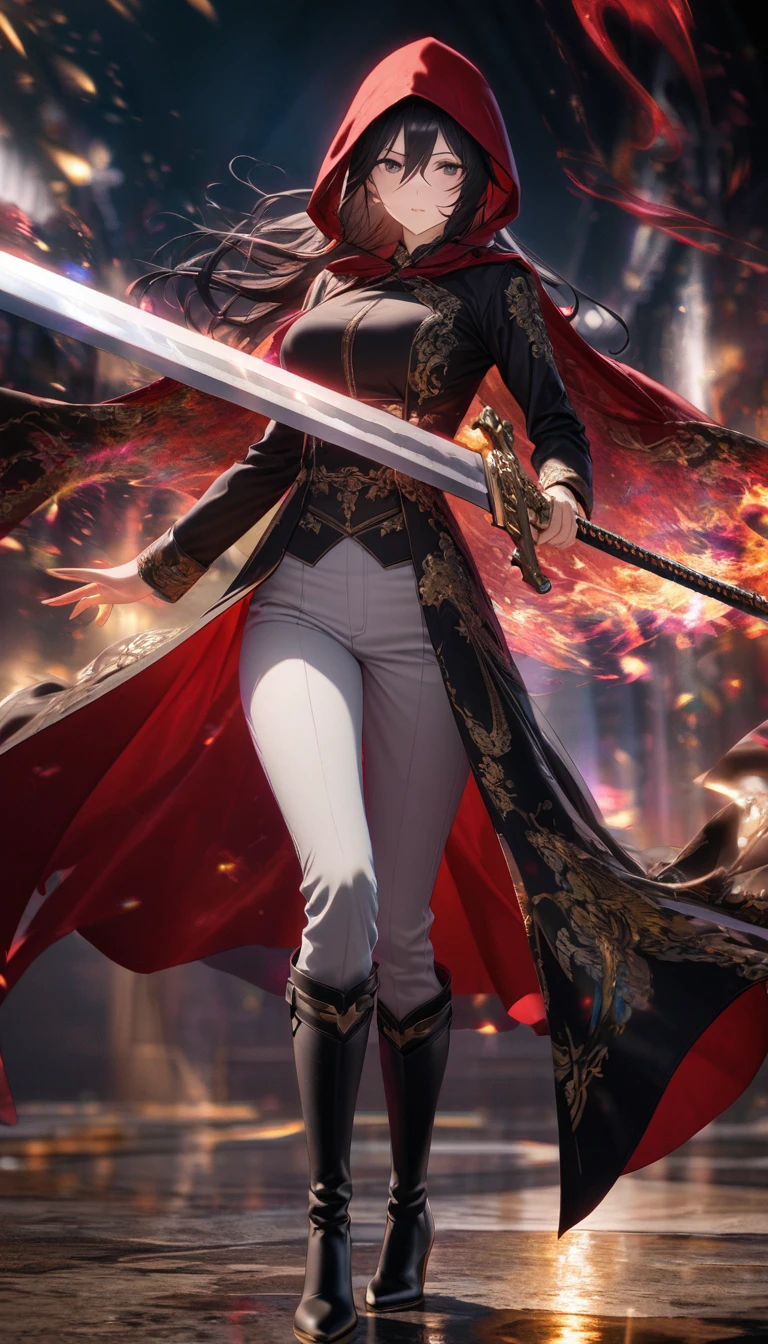 Best Quality, super fine, 16k, incredibly absurd, extremely detailed, delicate and dynamic, Beautiful and pretty swordswoman, great holy sword, Long coat with red hood and gold embroidery, hood up, white pants, long boots, Messy black hair and hair between the eyes., Effect of bright aura image