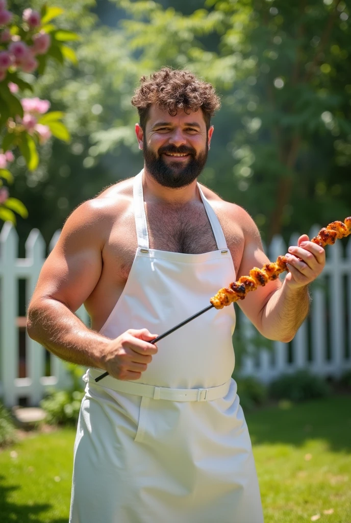 a fat and strong man, daddy style, vestindo um avental branco e segurando um espeto de BBQ, man, body covered in lots of hair, erects, ejaing sem summer gardreen grass and white fences, BBQ, hairy chest