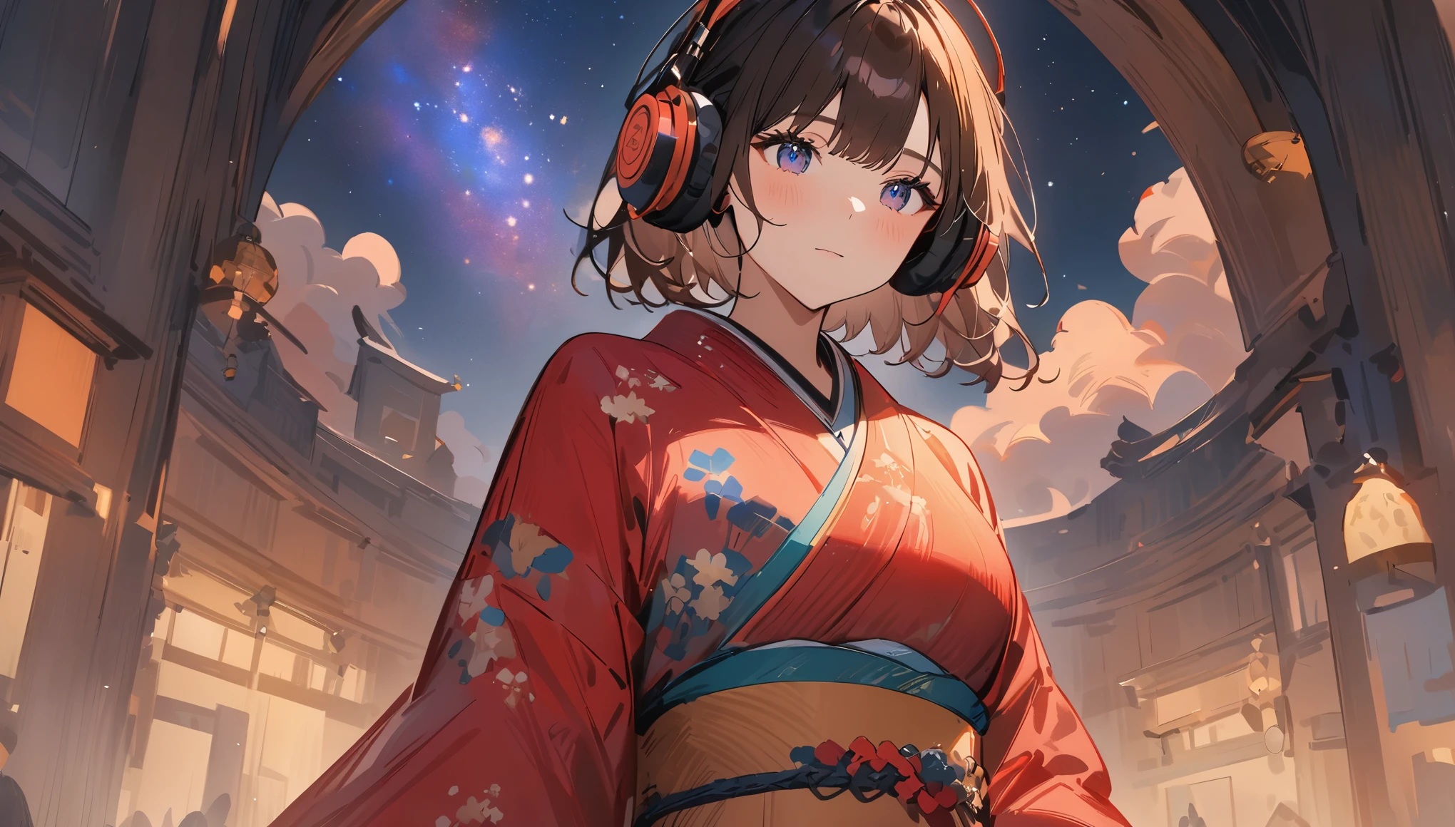 (((simple configuration))), (((The background is starry sky:1.2))), one girl, perfect anatomy, painterly, sketch, very delicate, wall with cloud-like pattern, Floral, delicate depiction, abstract, Bright colors overall, Gentle color, kimono, Taisho romance, (masterpiece, highest quality, highest quality, official art, beautiful:1.2), ((headphones)),