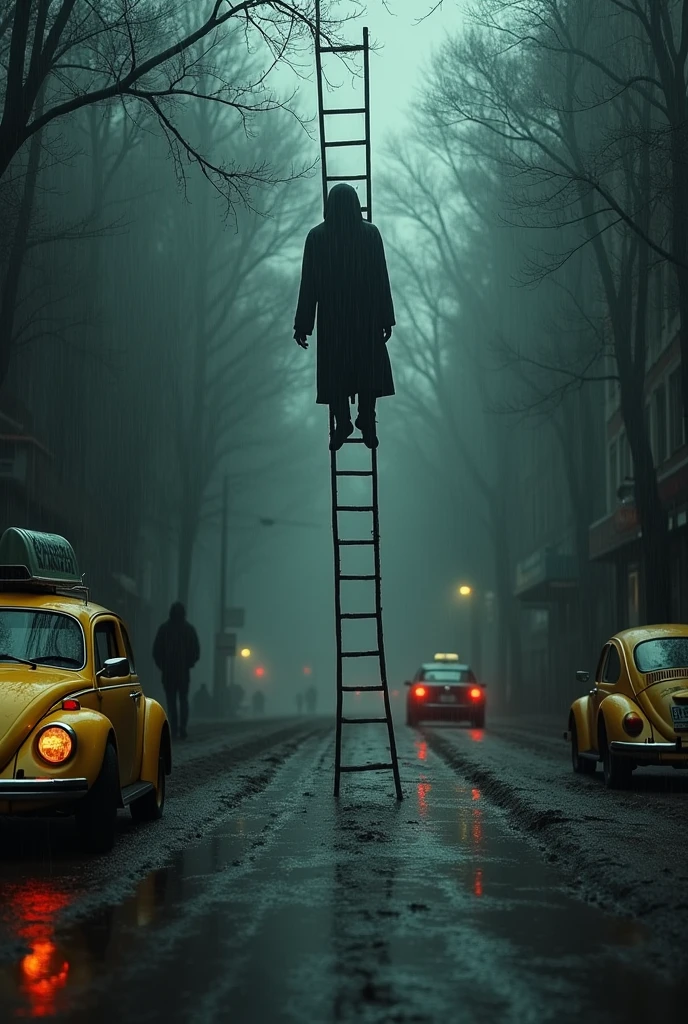 (best qualityer,4K,8k,highres,master part:1.2), ultra detali, (realisitic,Fotorrealisitic,fotorrealisitic:1.37), tenebrosa, natta, falling, ladder, YELLOW taxi, Volkswagen Beetle 1984, black clothing, blackquality hair, grimdark, Raby, rainny, Raby forte, ray tracing, older, muddy ground, black forest, scary people