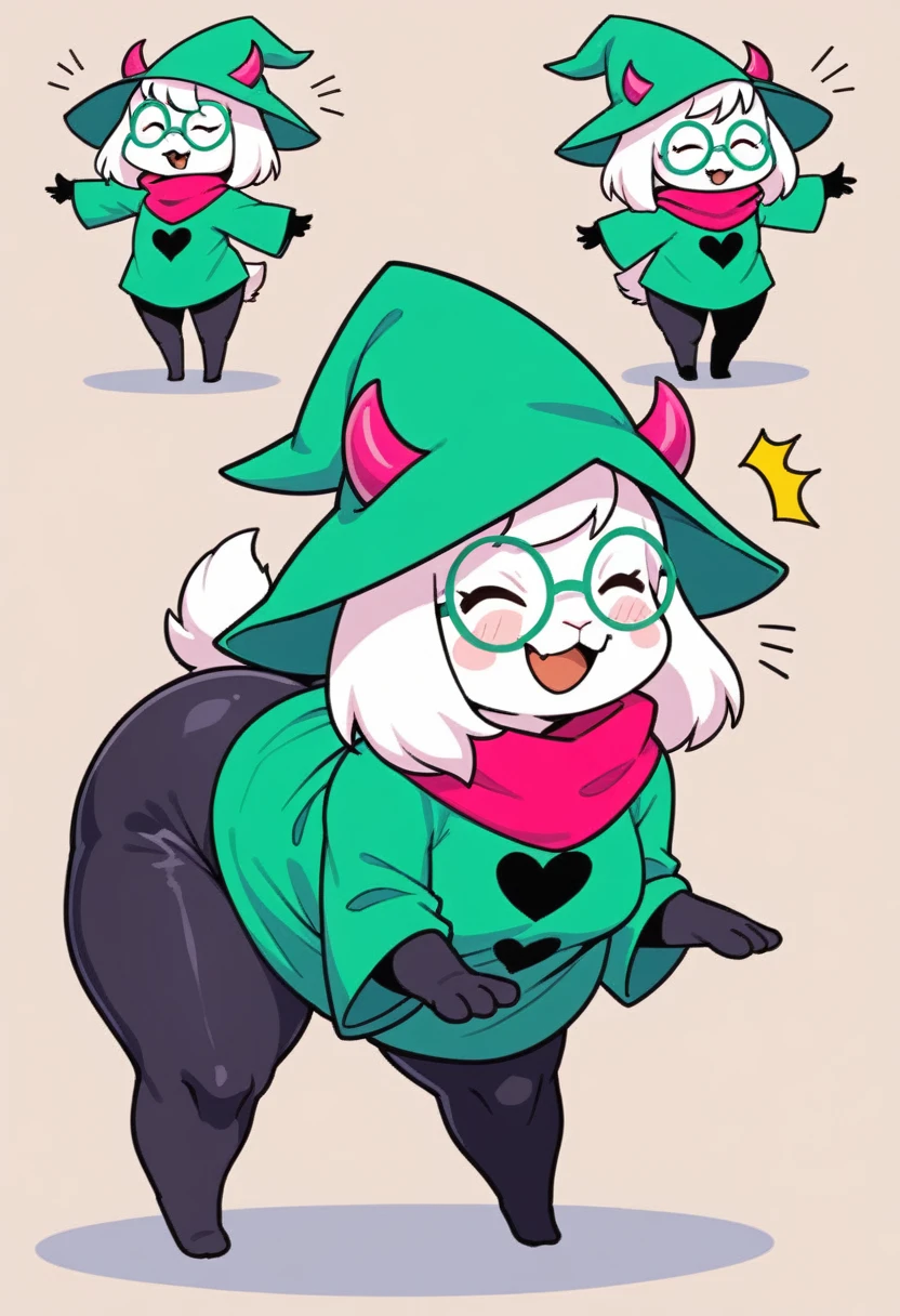  (score_9, score_8_up),furry, fur, face, Ralsei(deltarune), goat, dark fur, pink horns, black sleeves, cute, green glasses, hatless, green shirt, standing, arms up with his hands doing the peace sign,pink scarf,closed eyes, happy, smug face, bending over, wide hips, huge thighs, fat ass, Jack-o pose,  {{{kame (kamepan44231), no humans, chibi, jitome, fumo (doll)}}}, portrait. 1furry, solo