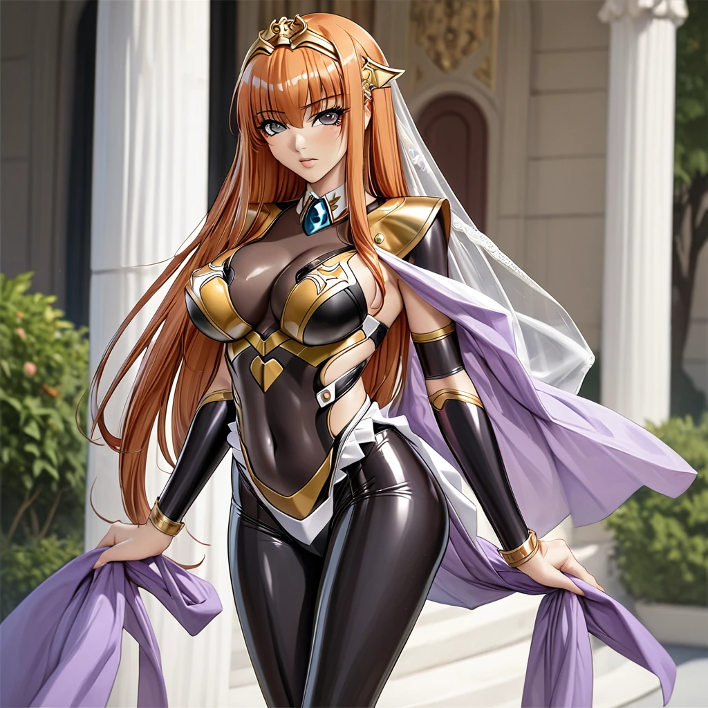 ((Highest quality)), ((masterpiece)), (detailed), (Perfect Face)、The woman is Maya Cordelia, with medium-long orange hair and is wearing a full-body black latex catsuit with gorgeous gold embroidery and trim.