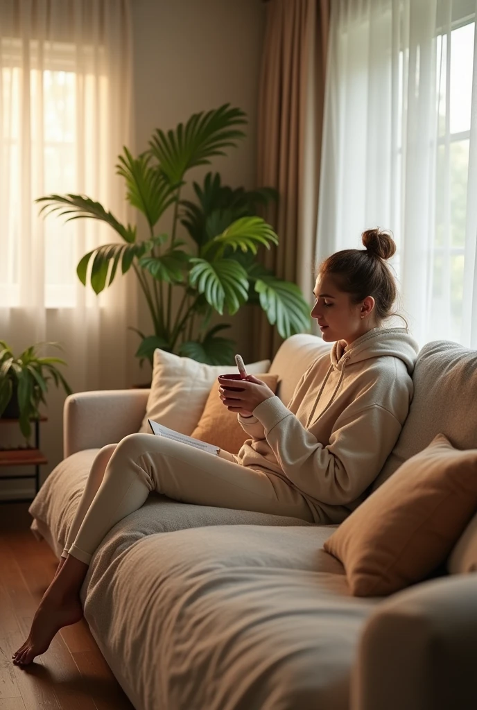 A woman wearing panty and a hoodie while at home 