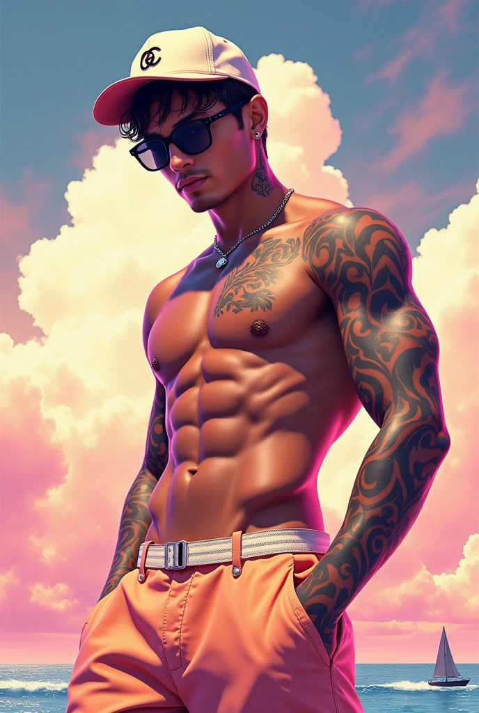 A man, in a dynamic pose, cap, Glasses, naked, unclothed, designed by gucci::3, tumblr, inspired by Yanjun Cheng style, Digital art, meme lofi internet girl, trend in this, catalog photo, 3D rendering beep, Rhads y Lois Van Baarle, cartoon style illustration, bright pastel colors, a beautiful art illustration, retro anime girl --ar 2:3 --q 2