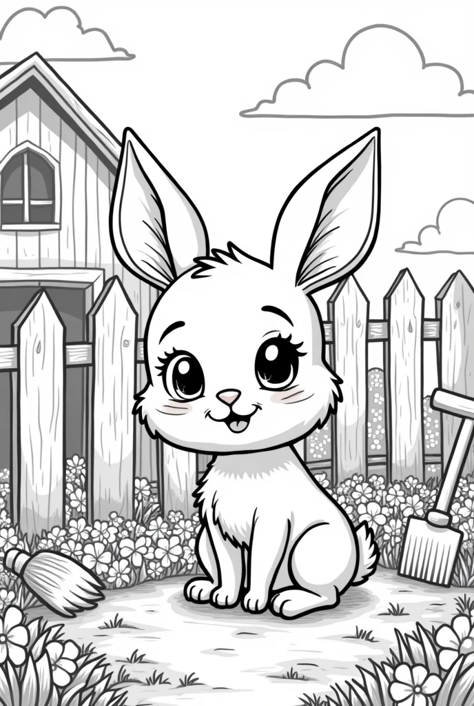 Generate a coloring page of a rabbit on the farm in format 3:4
without color
