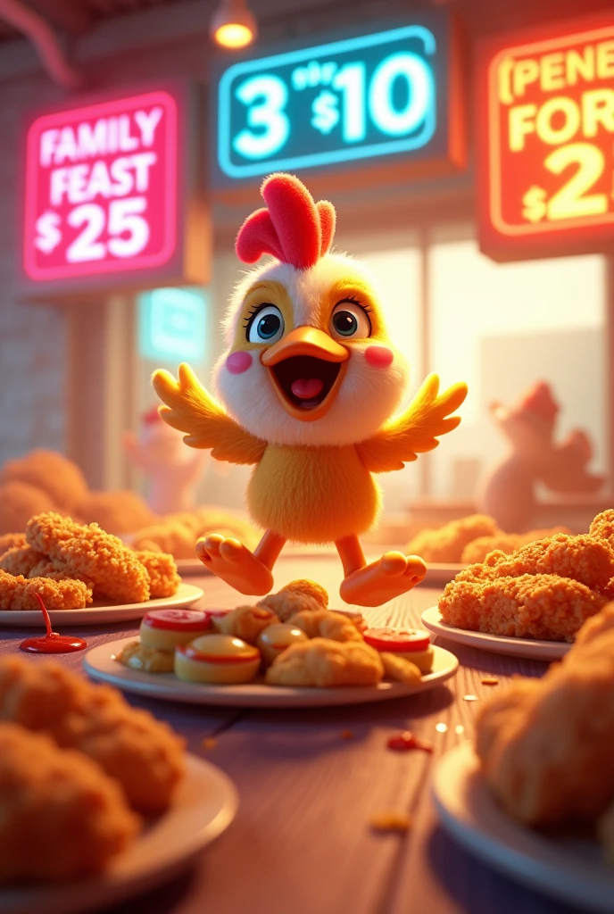 Animated advertisement featuring promotions with many different prices for a chicken restaurant
