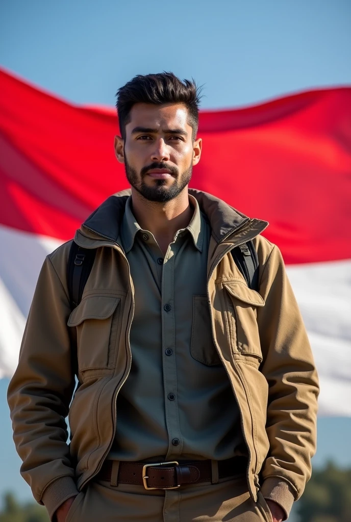 30 years old masculine jewish man, slight facial hair, full weight body, wavy black hair, short neck, straight front pose, half body portrait, outdoor outfit jacket, in front of Indonesia flag