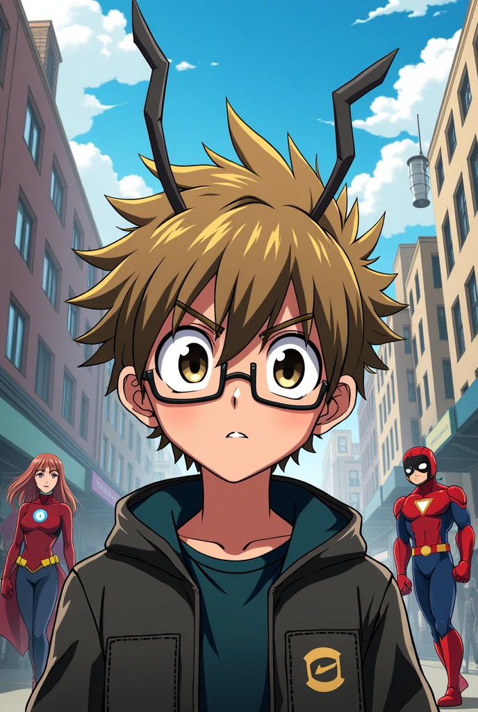 in the "my hero academia" art style, male, big dark eyes, light brown medium length hair, rectangular glasses, a pair of insect-like antennae, neutral-nervous expression 