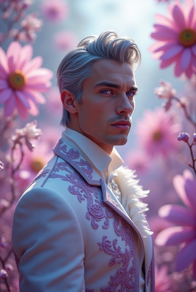 Prince man with purple eyes and gray hair (aesthetic) , that the prince is very attractive, that he looks like a model (beautiful,beautiful face ), and that he is in wonderland 