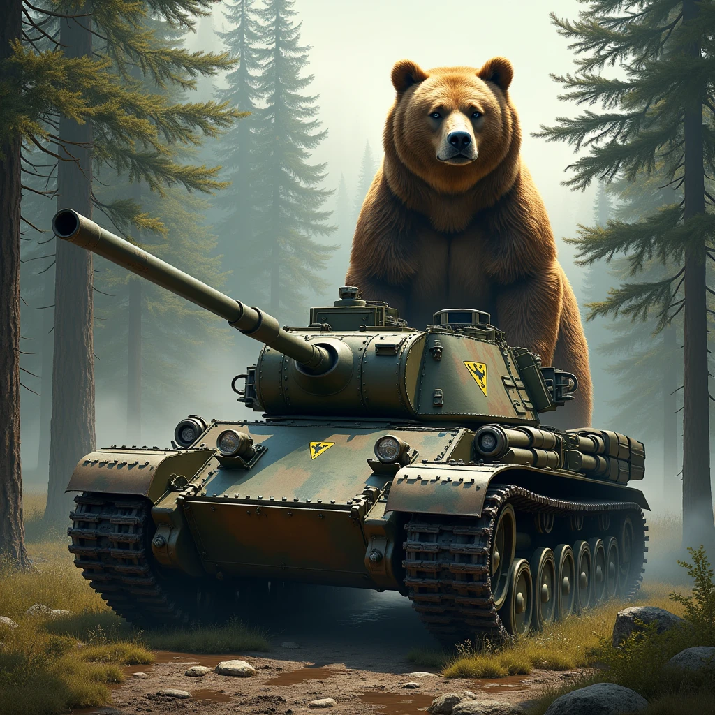 Realistic bear and a tank in one picture
